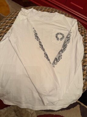 Gently Used Chrome Hearts White Long Sleeve Pocket Tee with Black Graphic Trim